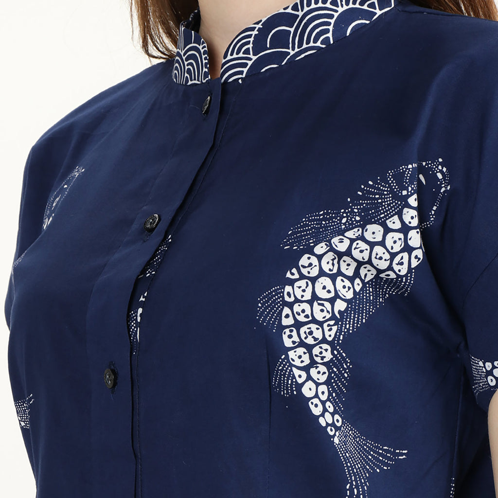 &nbsp;Button Dress Batik 2 Motif Koi Wave