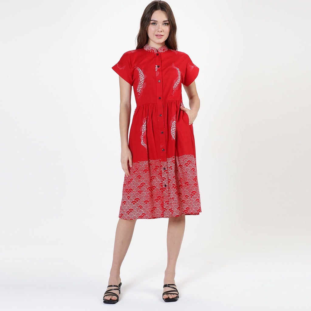 &nbsp;Button Dress Batik 2 Motif Koi Wave